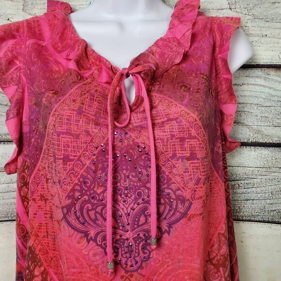 Cato Women’s Pink Sleeveless Ruffle Blouse Beaded Tie Neck L - Picture 2 of 6